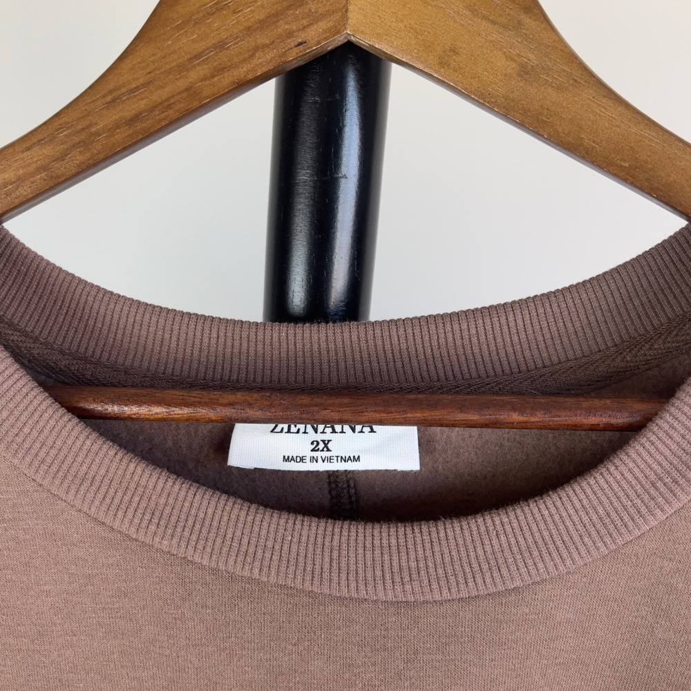 Zenana Womens 2X Brown Oversized Fleece Pockets Sweatshirt OT-2921XBA - Picture 3 of 10